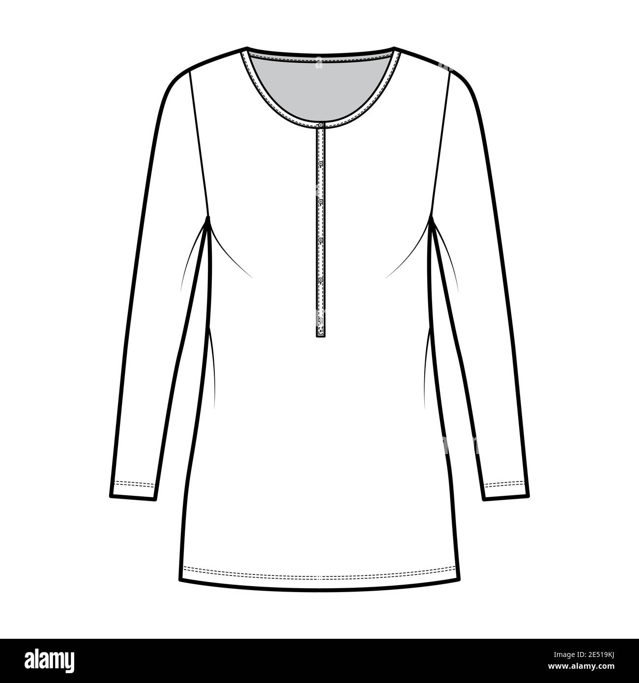 Shirt dress mini technical fashion illustration with henley neck, long sleeves, oversized, Pencil fullness, stretch jersey. Flat apparel template front, white color. Women, men, unisex CAD mockup Stock Vector