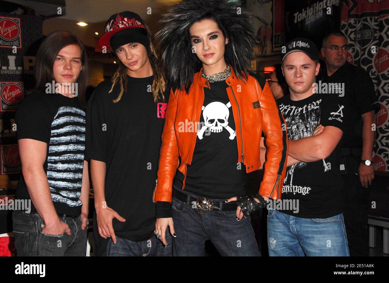Musicians George Listing, Tom Kaultiz, Bill Kaultiz, and Gustav Schaefer of Tokio Hotel pose for pictures after performing at Virgin Megastore at Times Square in New York City, NY, USA on May 6, 2008. Photo by Gregorio Binuya/ABACAPRESS.COM Stock Photo