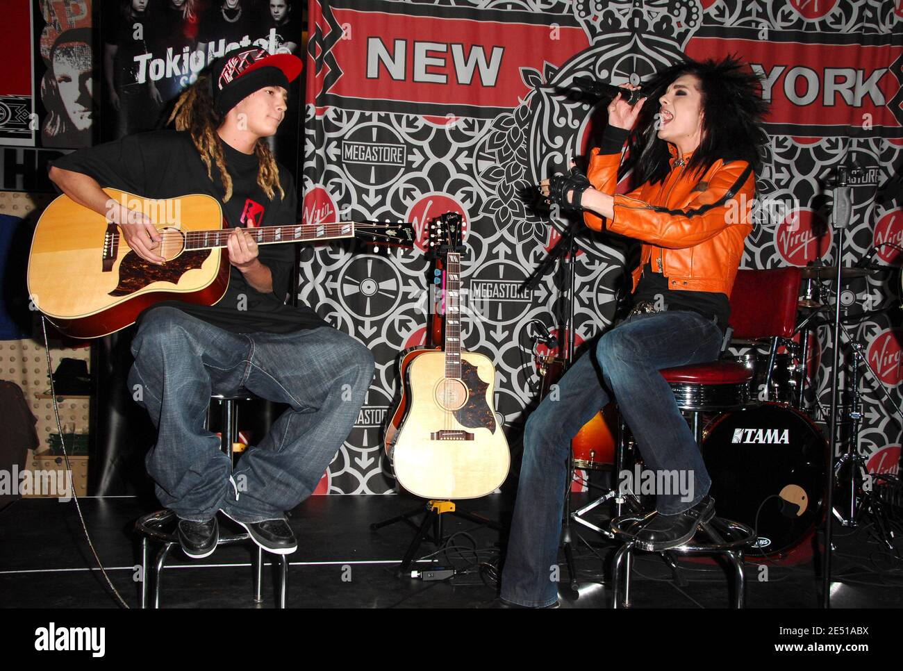 Musicians Tom Kaultiz (L) and Bill Kaultiz of Tokio Hotel perform at Virgin Megastore at Times Square in New York City, NY, USA on May 6, 2008. Photo by Gregorio Binuya/ABACAPRESS.COM Stock Photo