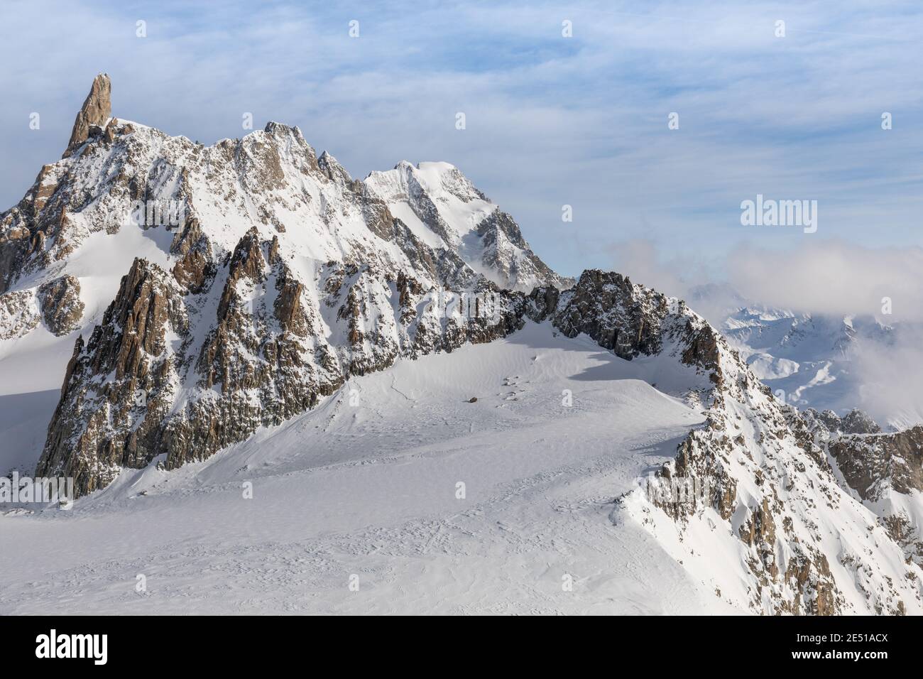 Wide angle view of the summit of Mont Blanc in a winter snowscape as seen from the terminal station of the ropeway Stock Photo