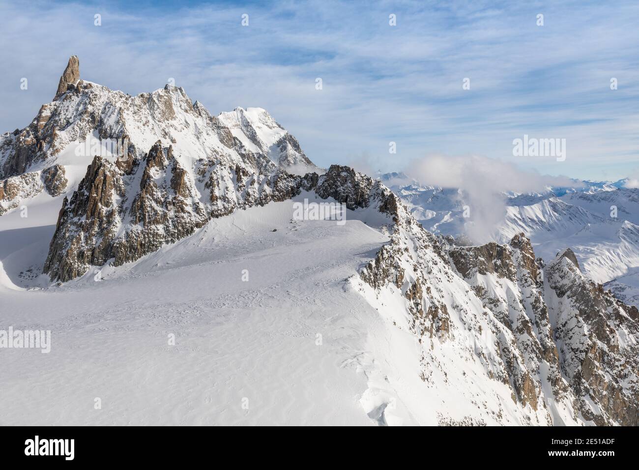 Wide angle view of the summit of Mont Blanc in a winter snowscape as seen from the terminal station of the ropeway Stock Photo