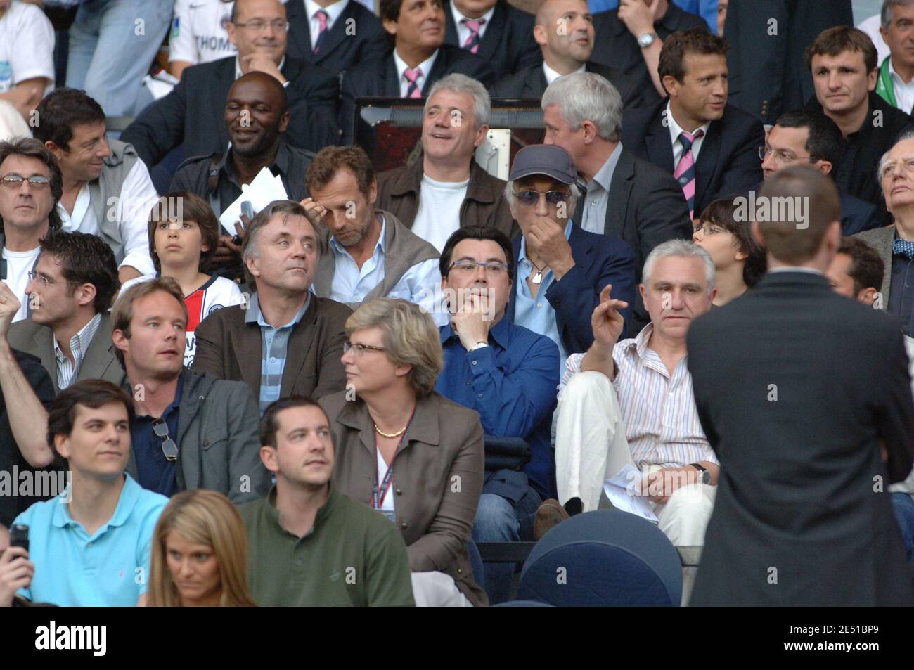 Patrick Bruel, Francois Cluzet and Gerard Darmon attend the French First League Soccer match, Paris Saint-Germain vs aS Saint-Etienne at the Parc des Princes stadium in Paris, France on May 10, 2008. The match ended in a 1-1 draw. Photo by Phong Pham Cao/Cameleon/ABACAPRESS.COM Stock Photo