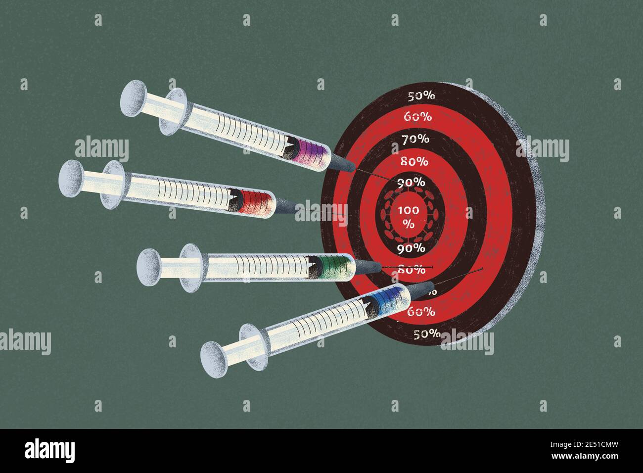 Covid-19 coronavirus vaccine syringes drive into a dartboard. Metaphor about covid vaccines effectiveness. Stock Photo