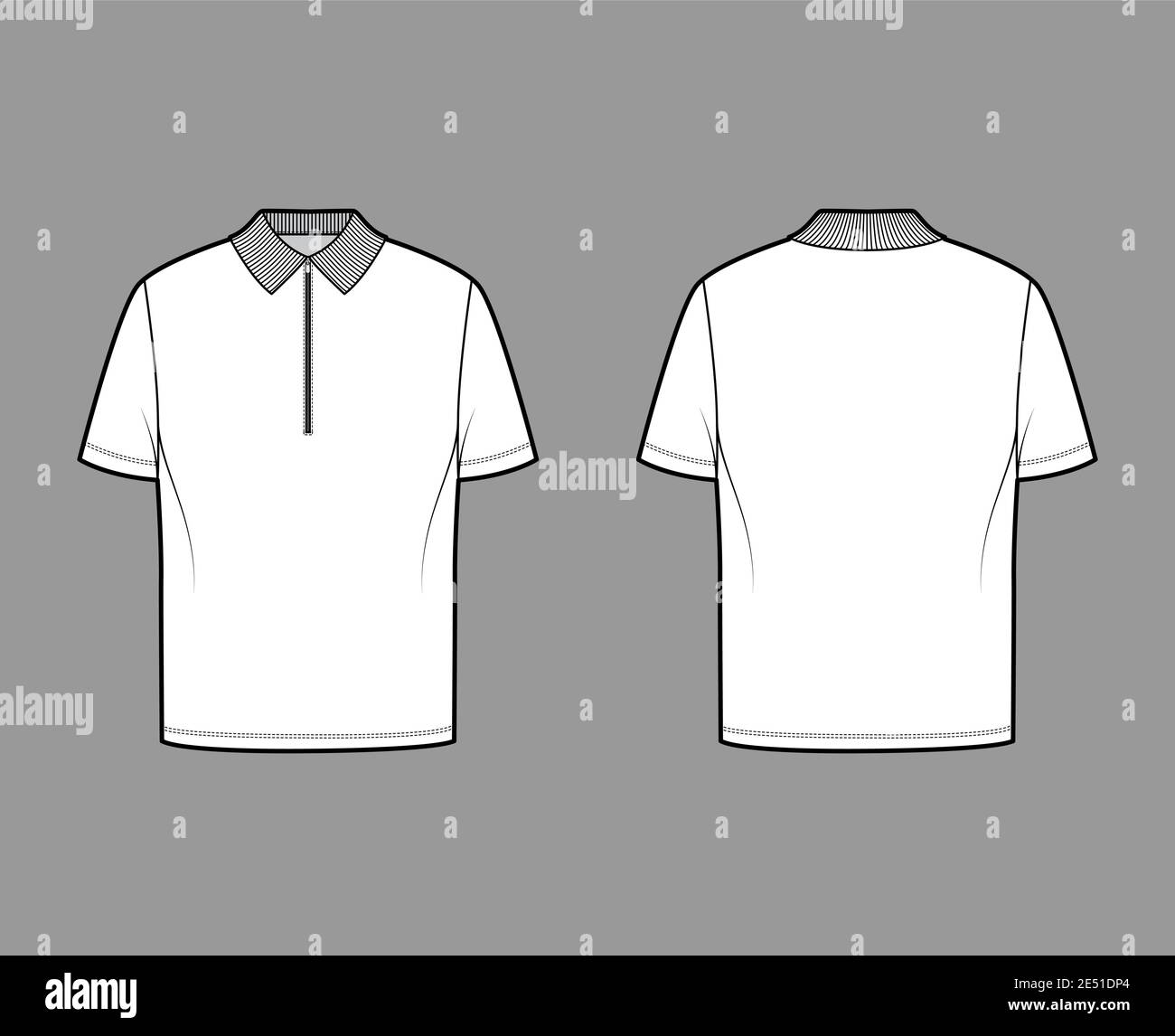 Shirt zip polo technical fashion illustration with short sleeves, tunic length, henley neck, oversized, flat knit collar. Apparel top outwear template front, back, white color. Women men CAD mockup Stock Vector