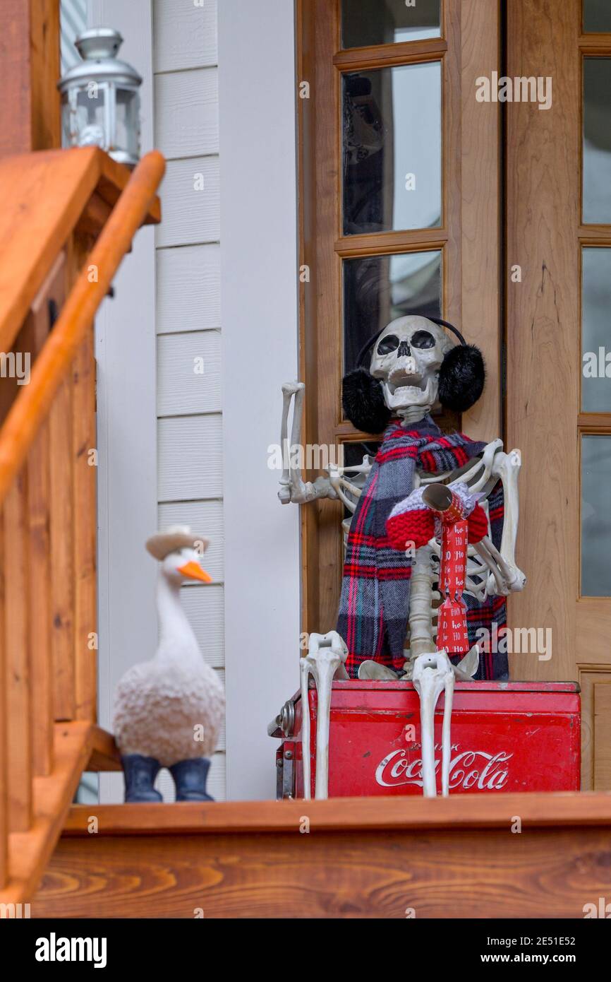 Skeleton on porch. Stock Photo