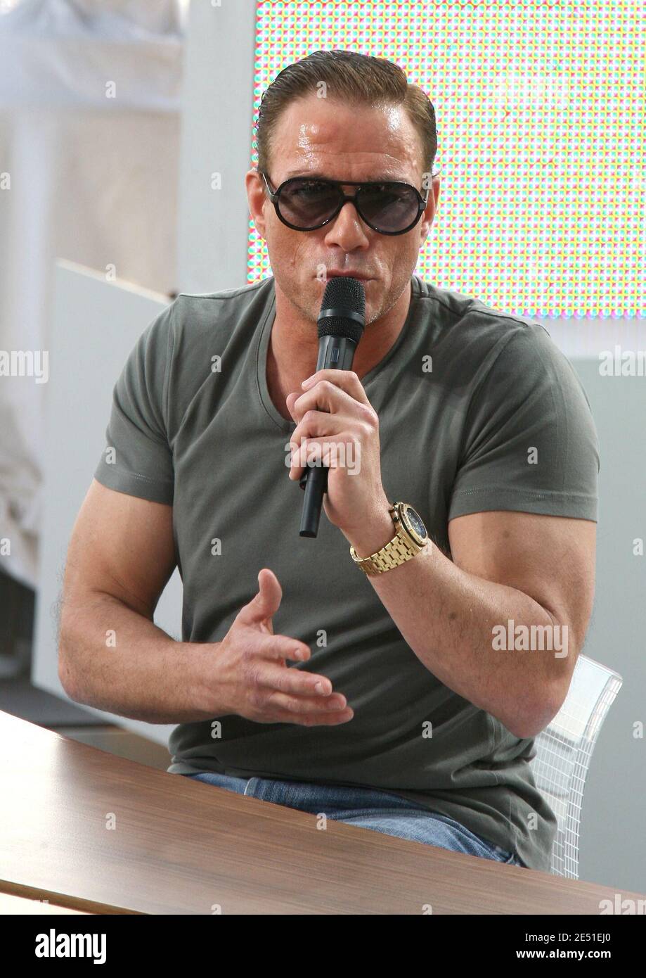 Jean-Claude Van Damme during the taping of 'Le Grand Journal' TV show on  Canal Plus channel on the Martinez beach during the 61st Cannes Film  Festival in Cannes on May 15, 2008.