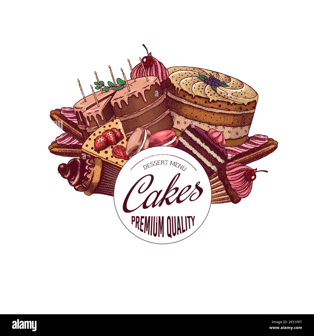 Cakes Production Sticker Cakes and cream tarts sticker. Fruit desserts and muffins label. Hand ...