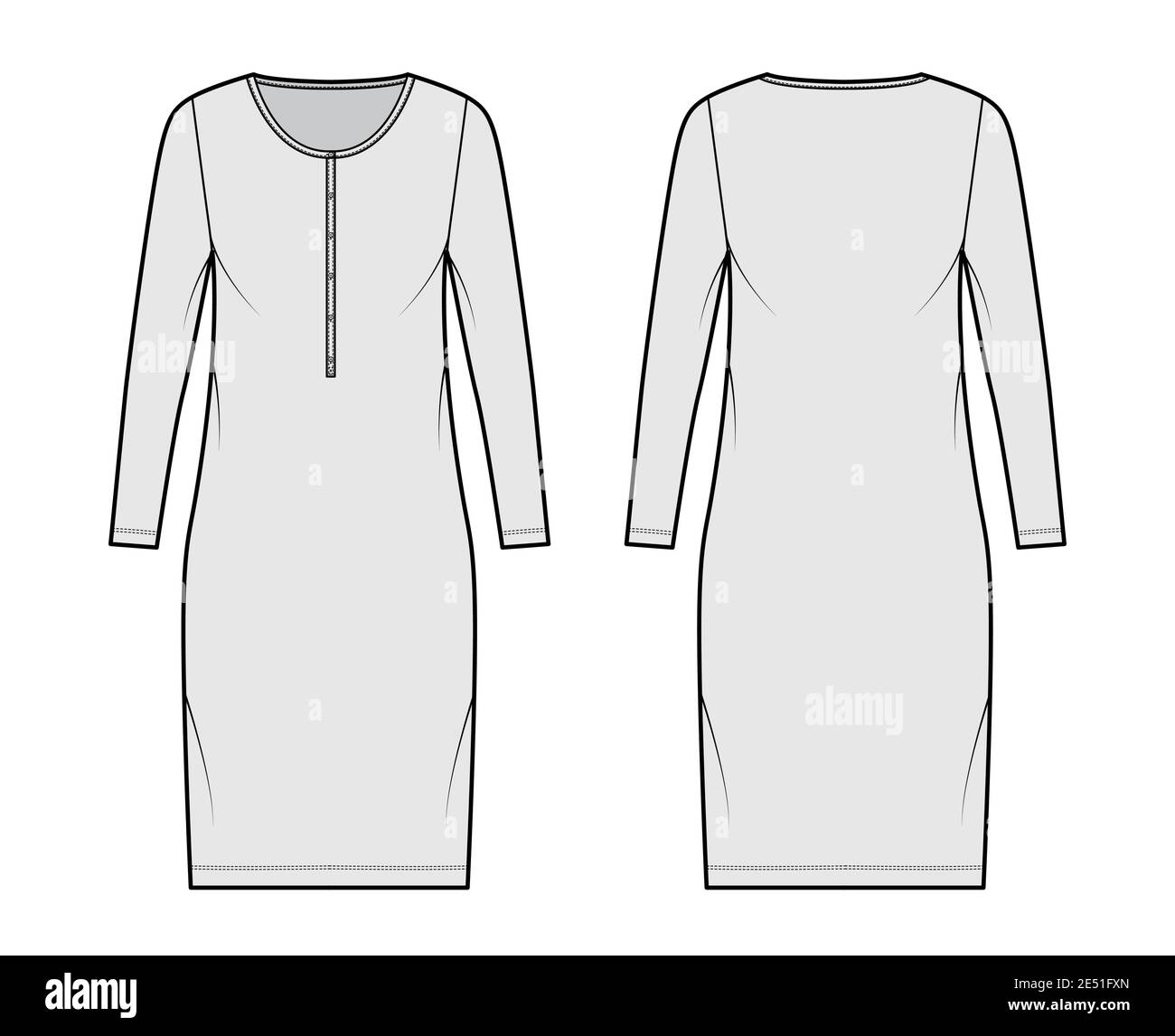 Shirt dress technical fashion illustration with henley neck, long sleeves, knee length, oversized, Pencil fullness. Flat apparel template front, back, grey color. Women, men, unisex CAD mockup Stock Vector
