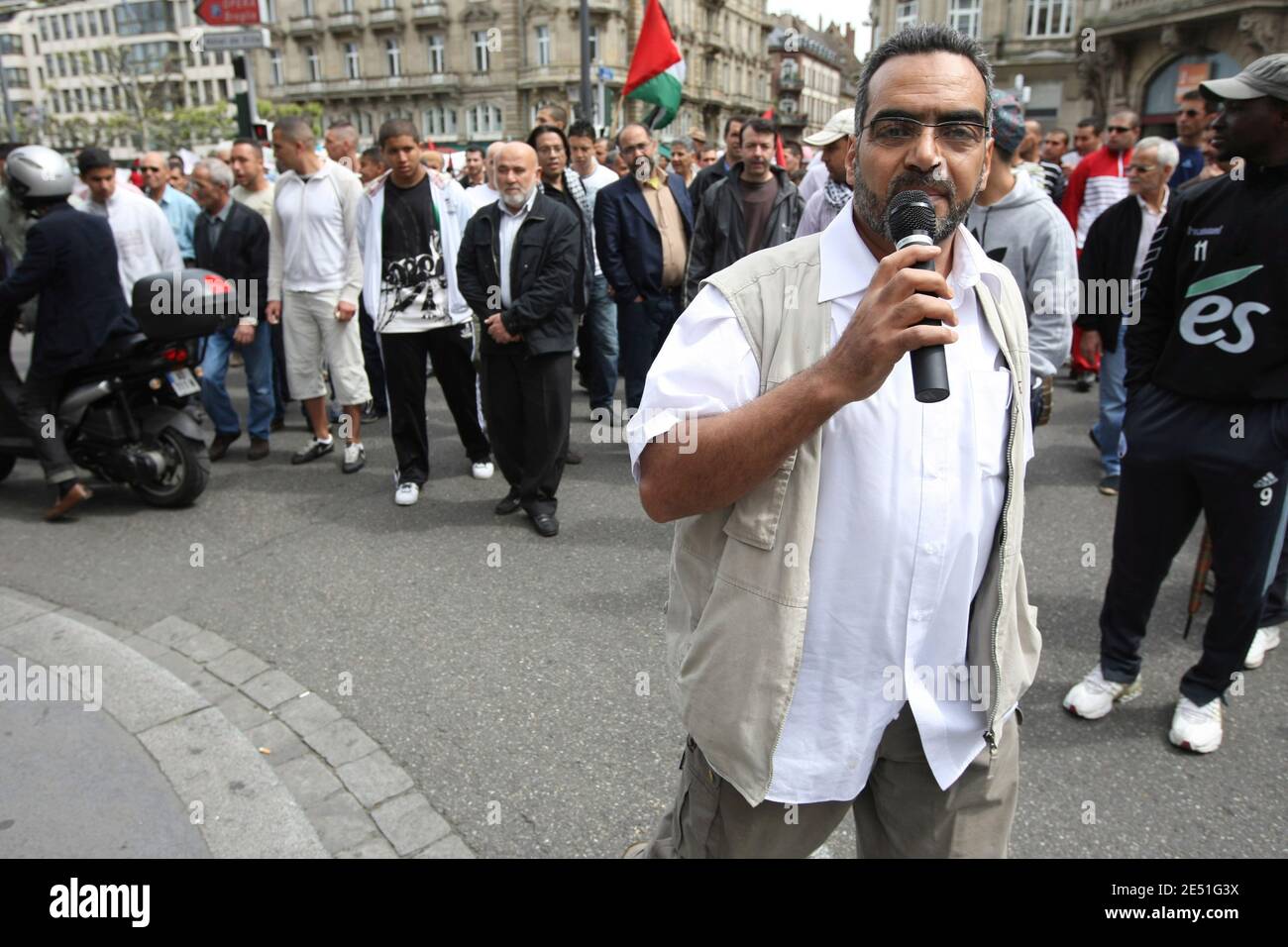 French Moslems Party (PMF) leader Mohamed Latreche leads a demonstration to protest Israel's creation in Strasbourg, eastern France on May 17, 2008. Photo by Antoine/ABACAPRESS.COM Stock Photo