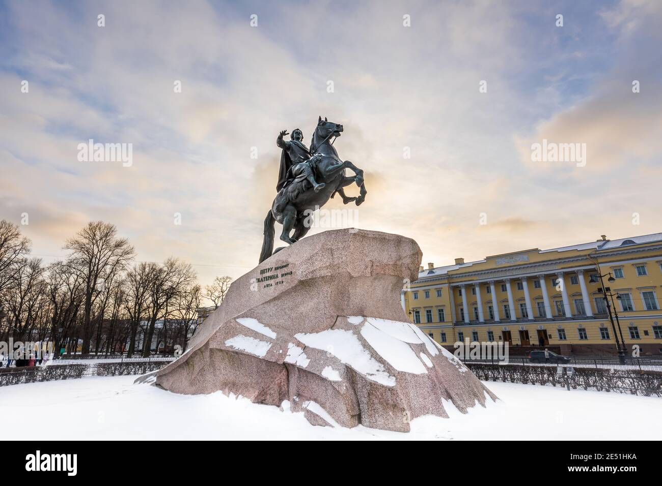 Wide angle view at sunset of the bronze statue of Peter the Great riding a rearing horse Stock Photo