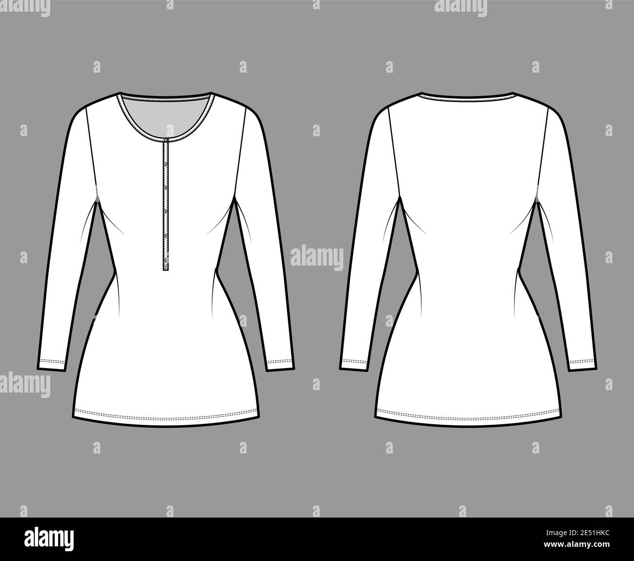 Shirt dress mini technical fashion illustration with henley neck, long sleeves, fitted body, Pencil fullness, stretch jersey. Flat apparel template front, back, white color. Women, men, CAD mockup Stock Vector