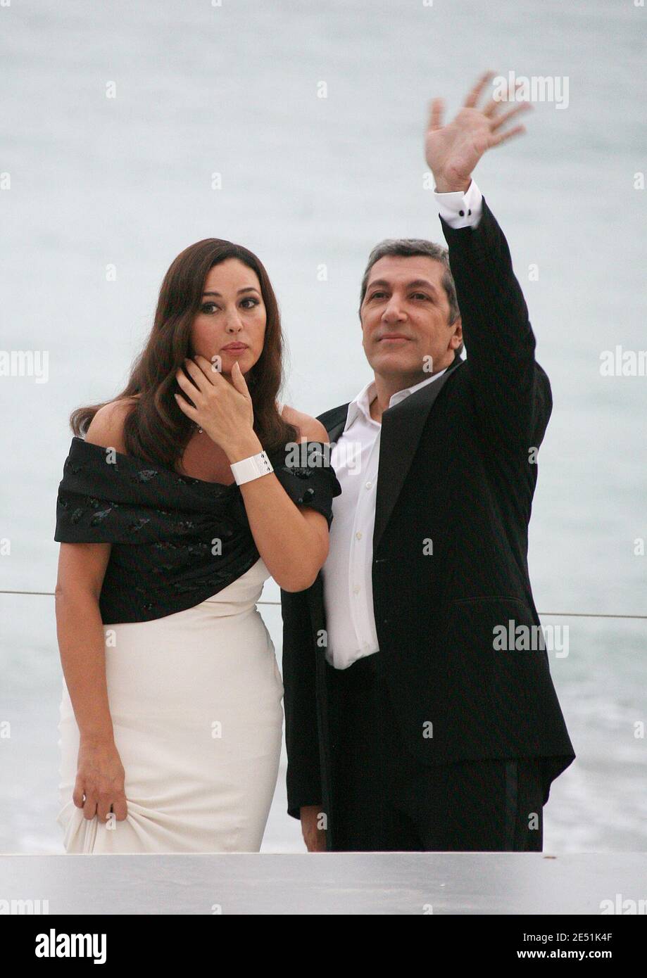 Actress Monica Bellucci and Alain Chabat during the broadcasting of 'Le Grand Journal' TV show on Canal Plus channel on the Martinez beach during the 61st Cannes Film Festival in Cannes, France on May 19, 2008. Photo by Denis Guignebourg/ABACAPRESS.COM Stock Photo
