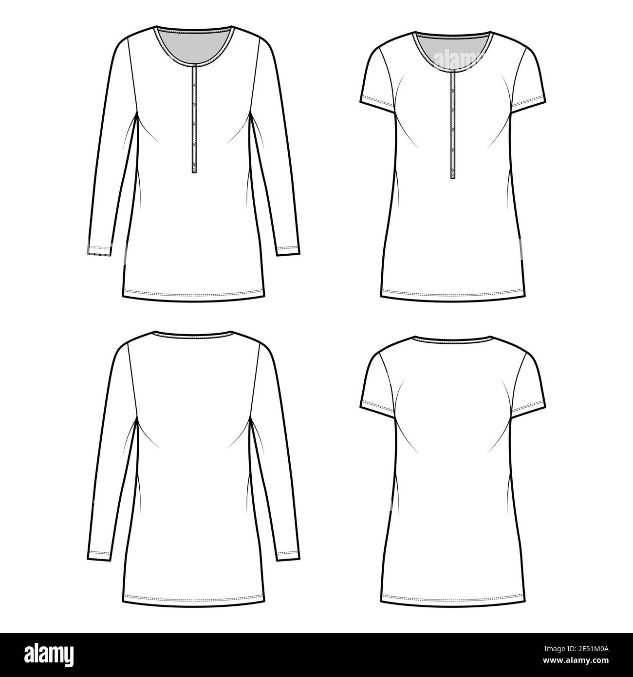 Set of Shirt dresses mini technical fashion illustration with henley ...