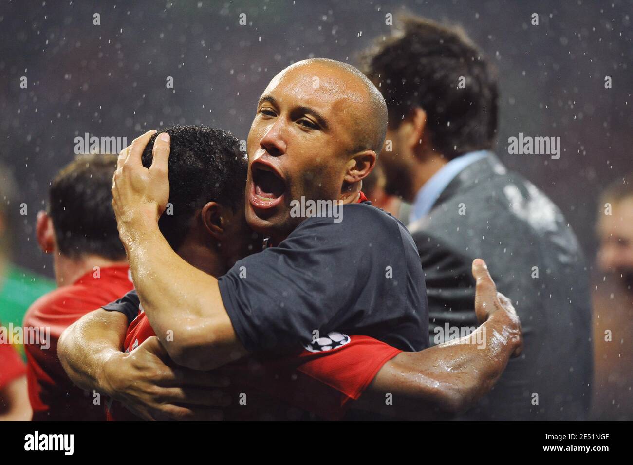 Manchester United's Patrice Evra and Mikael Silvestre celebrates after Chelsea's Nicolas Anelka misses his penaty and offers the victory in Manchester during the UEFA Champions League Final Soccer match, Manchester United vs Chelsea at the Luzhniki Stadium in Moscow, Russia on May 21, 2008. The match ended in a 1-1 draw and Manchester United defeats 6-5, Chelsea in the penalty shootout. Photo by Steeve McMay/Cameleon/ABACAPRESS.COM Stock Photo