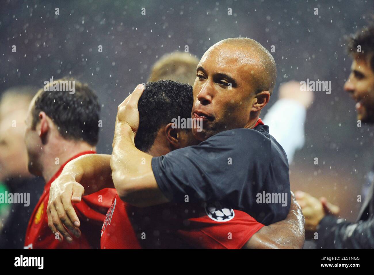Manchester United's Patrice Evra and Mikael Silvestre celebrates after Chelsea's Nicolas Anelka misses his penaty and offers the victory in Manchester during the UEFA Champions League Final Soccer match, Manchester United vs Chelsea at the Luzhniki Stadium in Moscow, Russia on May 21, 2008. The match ended in a 1-1 draw and Manchester United defeats 6-5, Chelsea in the penalty shootout. Photo by Steeve McMay/Cameleon/ABACAPRESS.COM Stock Photo