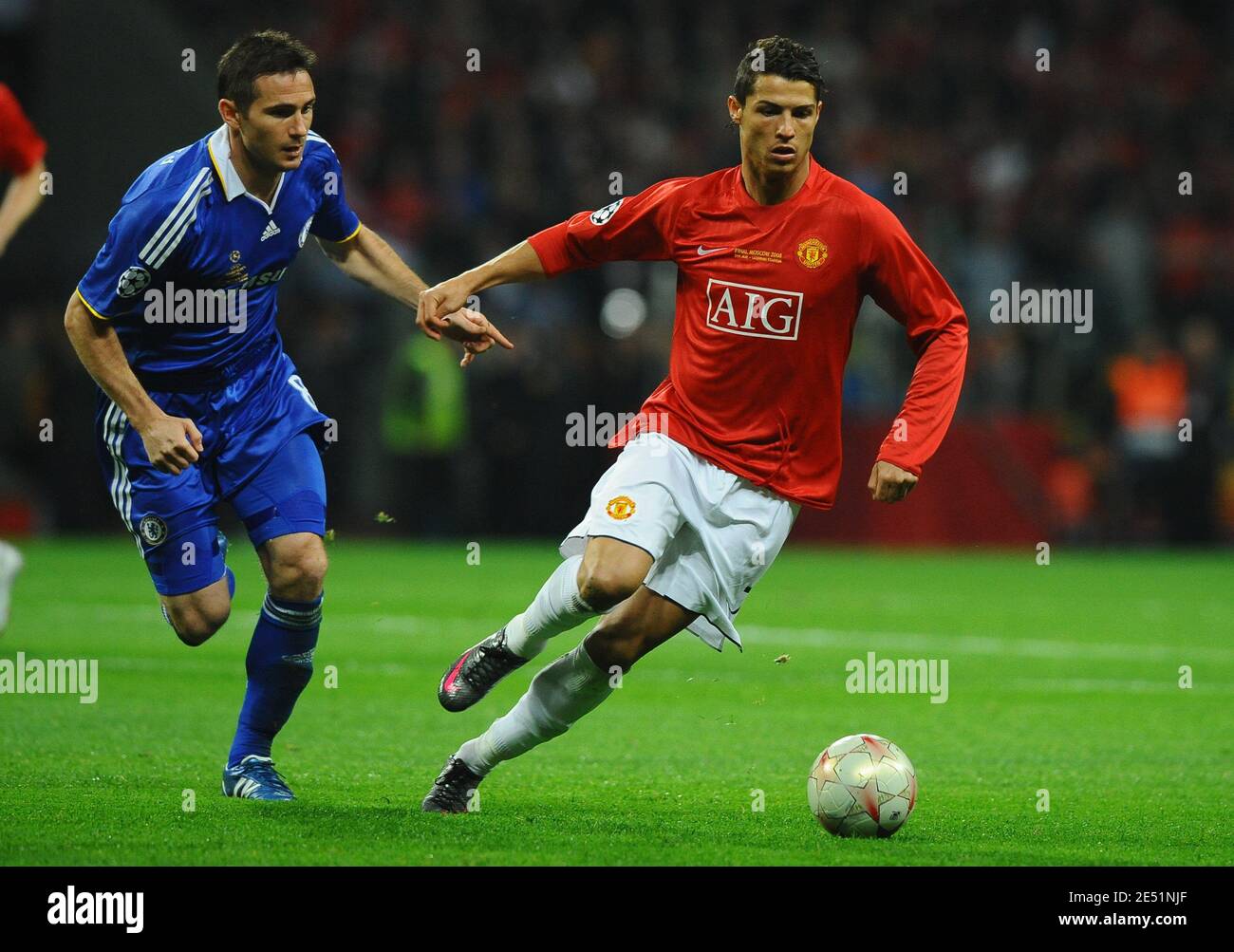 MAnchester United's Cristiano Ronaldo challenges Chelsea's Frank Lampard  during the UEFA Champions League Final Soccer match, Manchester United vs  Chelsea at the Luzhniki Stadium in Moscow, Russia on May 21, 2008. The