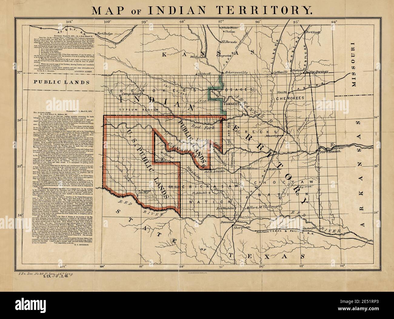Indian Territory and Public Land Map 1879 with Historic Letters. Original title: 'Map of Indian Territory.' Shows Indian Reservations. This is an enhanced, restored reproduction of an old map showing Indian Reservations and Public Land as of 1876. Note the two letters on the side that discuss the disposition of land in the area that would eventually become Oklahoma. The first letter is from Congressman Augustus Albert with inquiries. The second is a reply from Col. E.C. Boudinot. He describes historical events about the acquisition of the land. He wrote he wanted to 'set the records straight.' Stock Photo