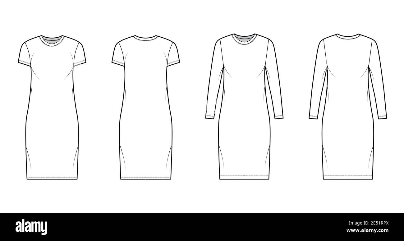 Set of T-shirt dresses technical fashion illustration with crew neck, long and short sleeves, knee length, oversized, Pencil fullness. Flat template front back white color. Women men unisex CAD mockup Stock Vector