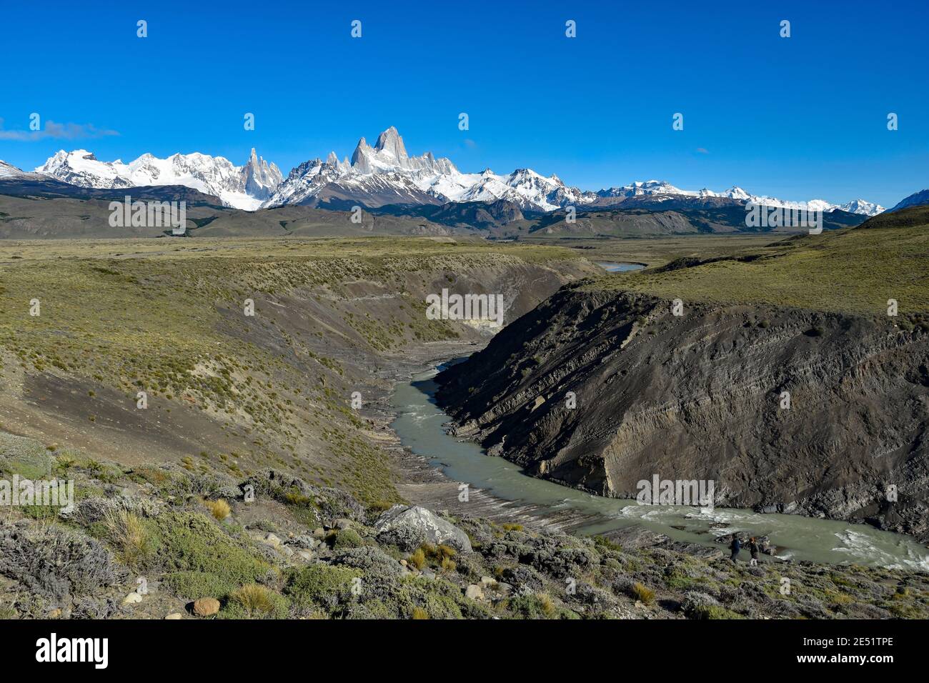 beautiful patagonia mountain scenery near El Chalten with mountains Fitz Roy and Cerro Torre, in the front is the Las Vueltas river Stock Photo