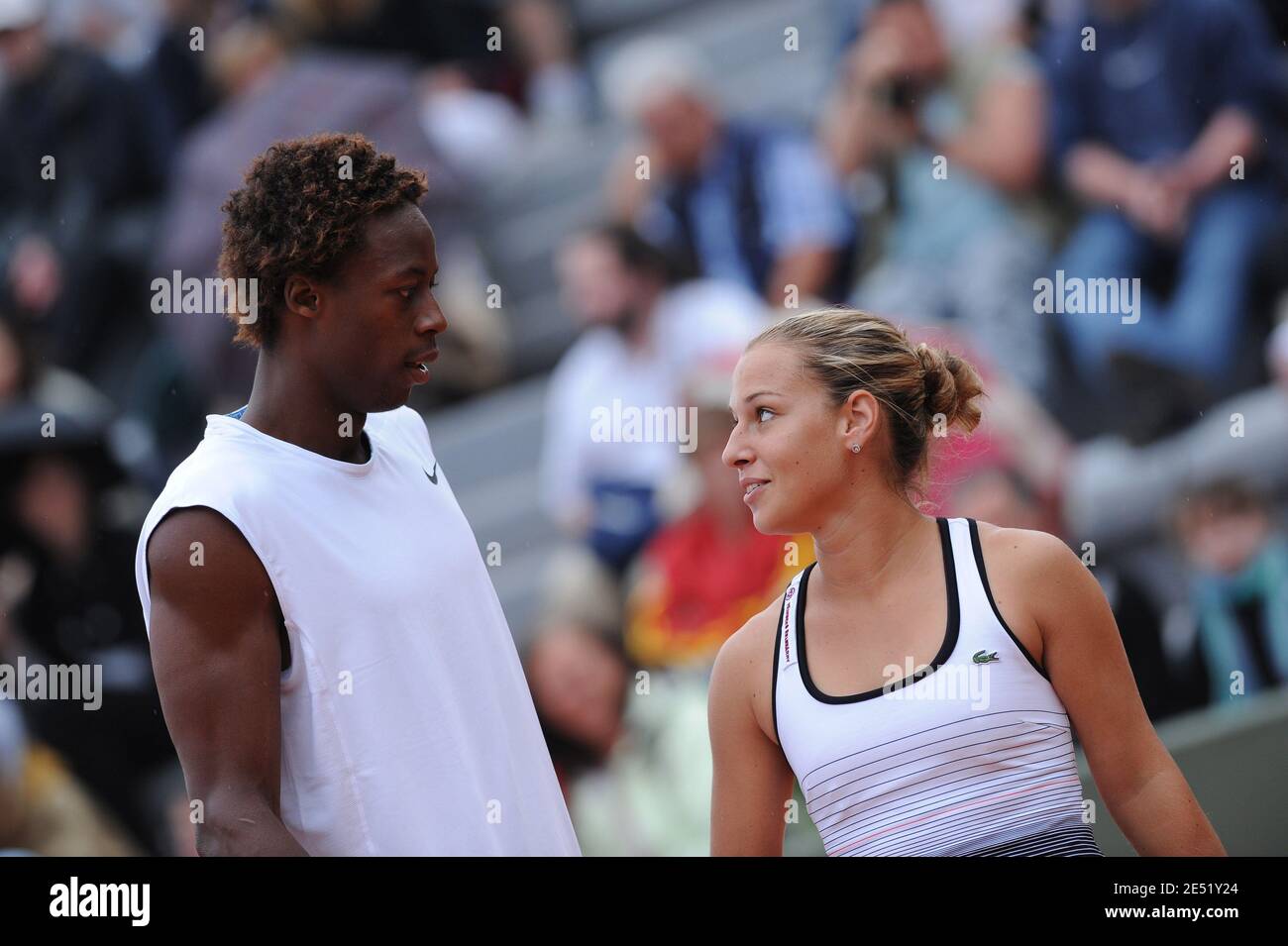 France's Gael Monfils plays mixt double with his girlfriend Slovakia's Dominika  Cibulkova in the first round of the French Open tennis at the Roland Garros  stadium in Paris, France on May 31,
