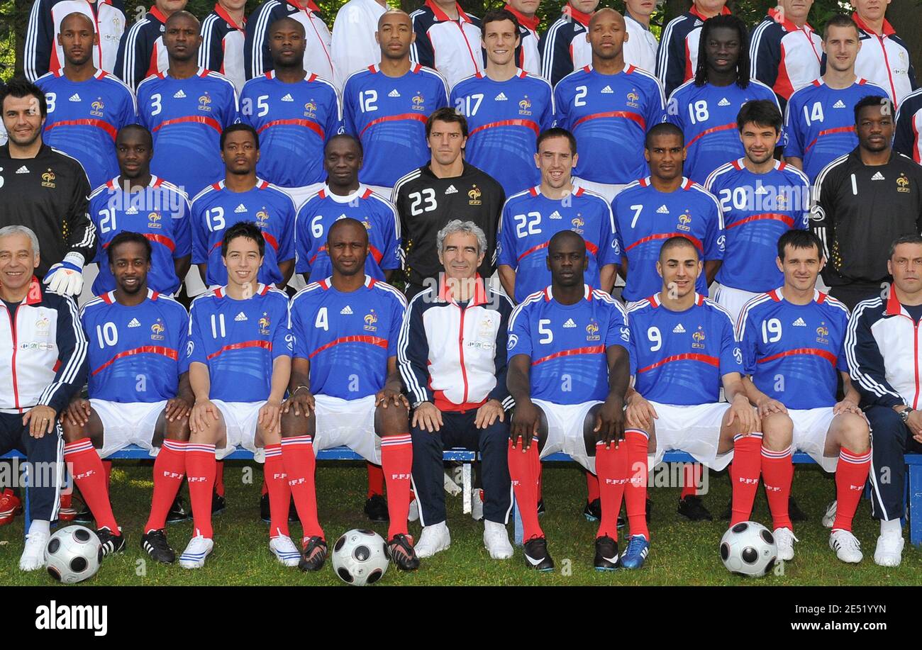 France's national team soccer players who are participating in the Euro 2008 tournament pose for the official photo (First row, L-R, Sidney Govou, Samir Nasri, Patrick Vieira, Raymond Domenech, Lilian Thuram, Karim Benzema and Willy Sagnol. Second row, L-R, Sebastien Frey Lassana Diarra, Patrice Evra Claude Makelele, Gregory Coupet, Franck Ribery, Florent Malouda, Jeremy Toulalan and Steve Mandanda. Third row, L-R, Nicolas Anelka, Eric Abidal, William Gallas, Thierry Henry, Francois Clerc, Jean-Alain Boumsong, Bafetimbi Gomis and Francois Clerc in Clairefontaine, near Paris, France on June 1, Stock Photo