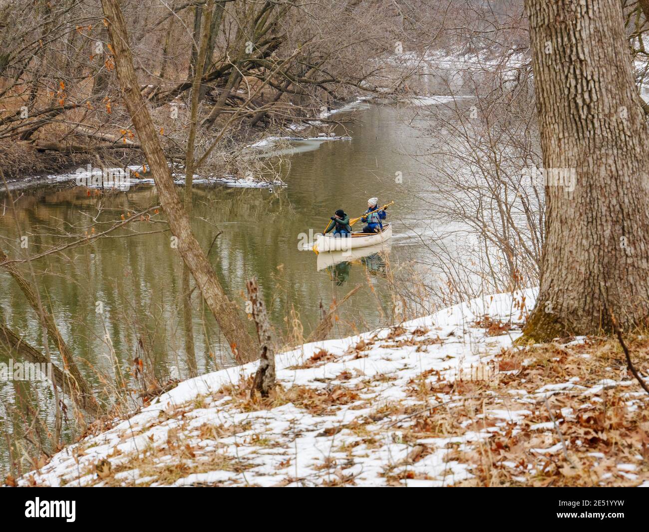 Canoe and canoeists, Des Plaines River, Illinois. Stock Photo