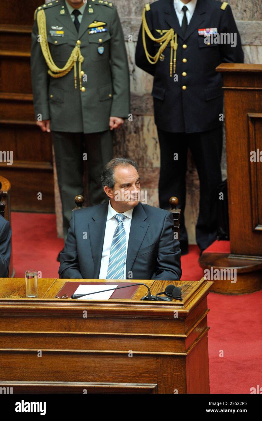 Greek Prime Minister Costas Karamanlis watch French President Nicolas Sarkozy addressing the parliament in Athens, Greece on June 6, 2008. Sarkozy arrived in Greece Friday for an official visit, the first by a French head of state in more than 25 years. Sarkozy was addressing the Greek parliament in a ceremony only accorded to three foreign presidents in the past: his predecessor Charles de Gaulle and US presidents Dwight Eisenhower and George Bush Sr. Photo by Mousse/ABACAPRESS.COM Stock Photo