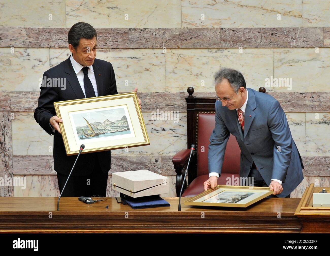 Speaker of the Greek parliament Dimitri Sioufas greets French President Nicolas Sarkozy at the parliament in Athens in Athens, Greece on June 6, 2008. Sarkozy arrived in Greece Friday for an official visit, the first by a French head of state in more than 25 years. Sarkozy was addressing the Greek parliament in a ceremony only accorded to three foreign presidents in the past: his predecessor Charles de Gaulle and US presidents Dwight Eisenhower and George Bush Sr. Photo by Mousse/ABACAPRESS.COM Stock Photo
