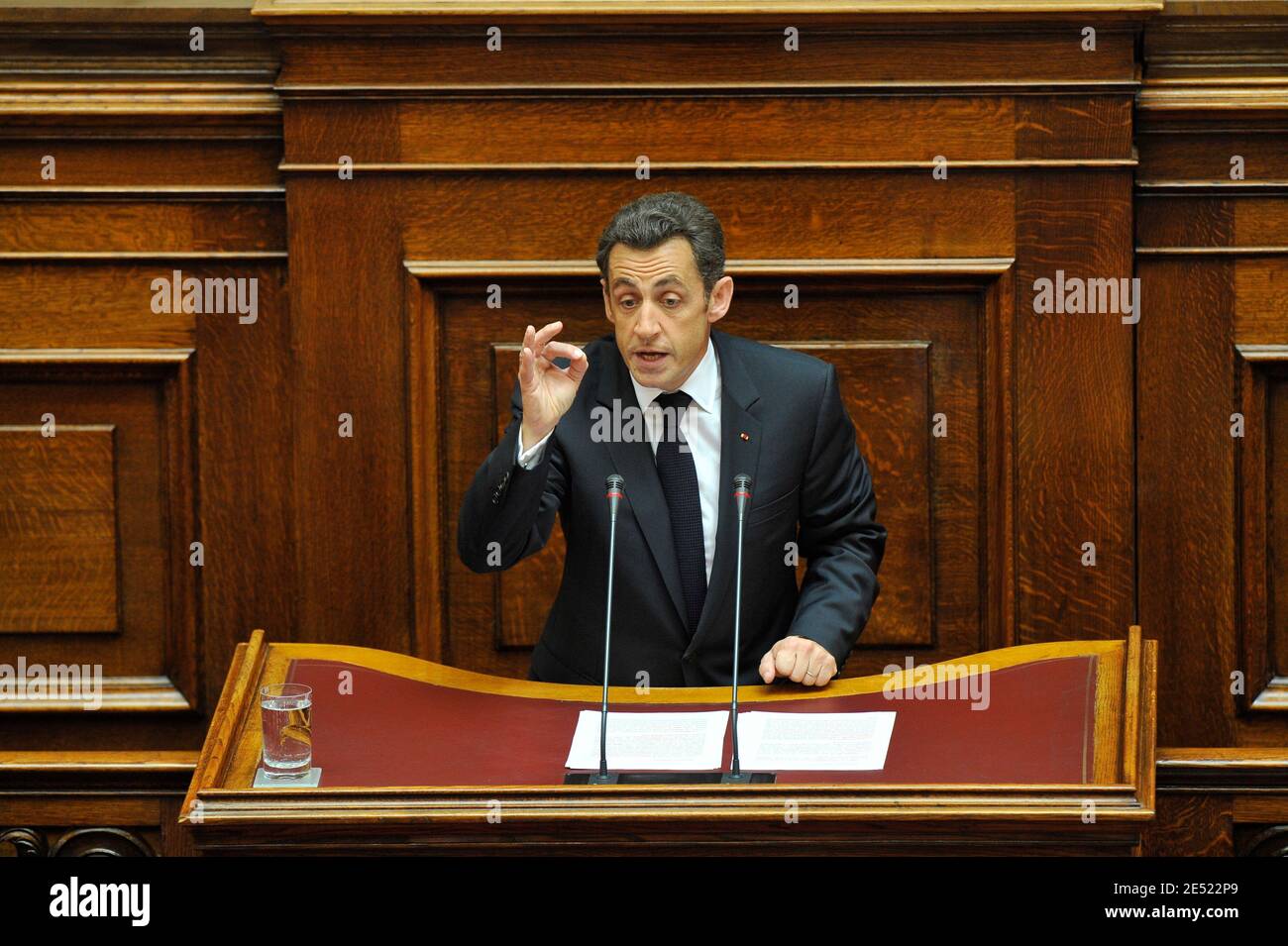 President Nicolas Sarkozy holds a speach to the parliament in Athens, Greece on June 6, 2008. Sarkozy arrived in Greece Friday for an official visit, the first by a French head of state in more than 25 years. Sarkozy was addressing the Greek parliament in a ceremony only accorded to three foreign presidents in the past: his predecessor Charles de Gaulle and US presidents Dwight Eisenhower and George Bush Sr. Photo by Mousse/ABACAPRESS.COM Stock Photo