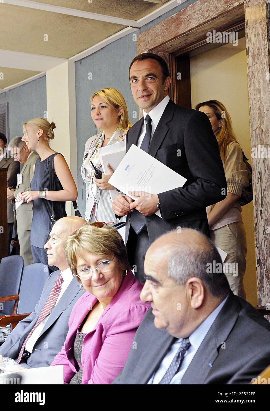 Greek Nikos Aliagas gestures prior to the arrival of French President Nicolas Sarkozy (not in the picture) in the Greek parliament in Athens, Greece on June 6, 2008. Sarkozy arrived in Greece Friday for an official visit, the first by a French head of state in more than 25 years. Sarkozy was addressing the Greek parliament in a ceremony only accorded to three foreign presidents in the past: his predecessor Charles de Gaulle and US presidents Dwight Eisenhower and George Bush Sr. Photo by Mousse/ABACAPRESS.COM Stock Photo