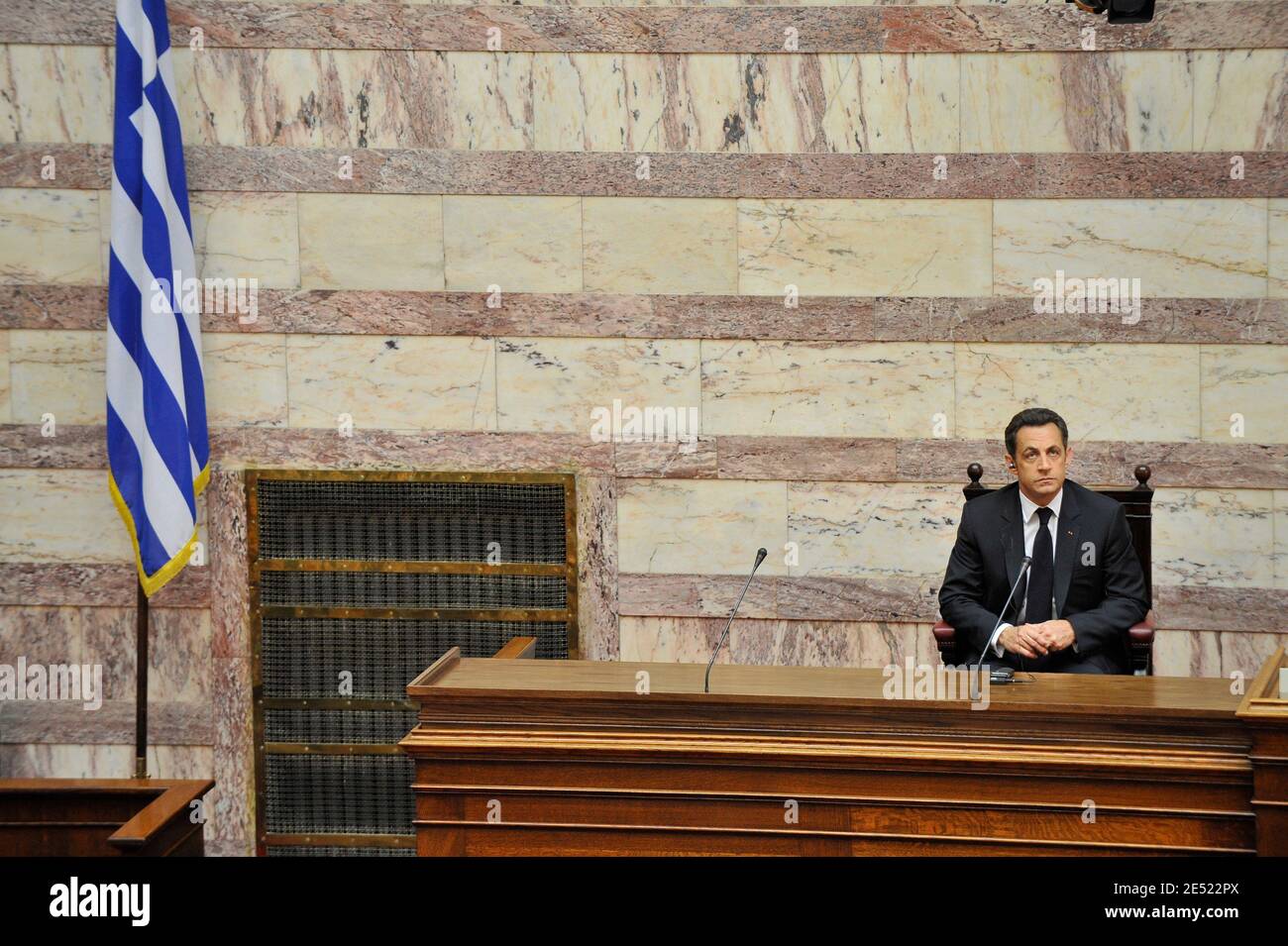 French President Nicolas Sarkozy looks on prior to addressing the Greek parliament in Athens, Greece on June 6, 2008. Sarkozy arrived in Greece Friday for an official visit, the first by a French head of state in more than 25 years. Sarkozy was addressing the Greek parliament in a ceremony only accorded to three foreign presidents in the past: his predecessor Charles de Gaulle and US presidents Dwight Eisenhower and George Bush Sr. Photo by Mousse/ABACAPRESS.COM Stock Photo