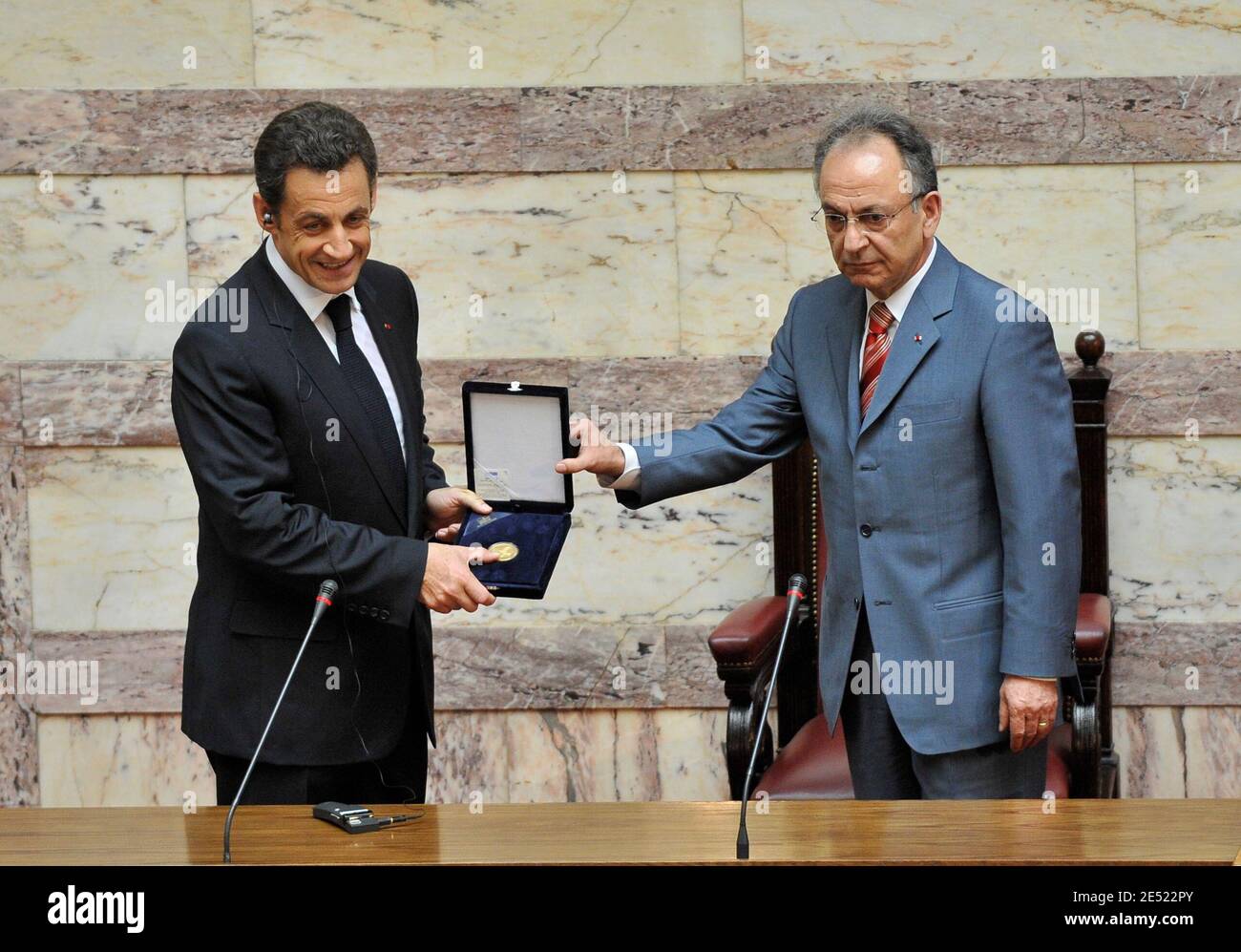 Speaker of the Greek parliament Dimitri Sioufas greets French President Nicolas Sarkozy at the parliament in Athens in Athens, Greece on June 6, 2008. Sarkozy arrived in Greece Friday for an official visit, the first by a French head of state in more than 25 years. Sarkozy was addressing the Greek parliament in a ceremony only accorded to three foreign presidents in the past: his predecessor Charles de Gaulle and US presidents Dwight Eisenhower and George Bush Sr. Photo by Mousse/ABACAPRESS.COM Stock Photo