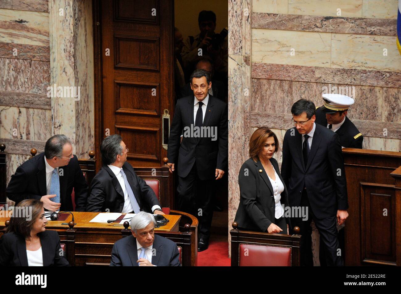 French President Nicolas Sarkozy greets members of the Greek parliament in Athens, Greece on June 6, 2008. Sarkozy arrived in Greece Friday for an official visit, the first by a French head of state in more than 25 years. Sarkozy was addressing the Greek parliament in a ceremony only accorded to three foreign presidents in the past: his predecessor Charles de Gaulle and US presidents Dwight Eisenhower and George Bush Sr. Photo by Mousse/ABACAPRESS.COM Stock Photo