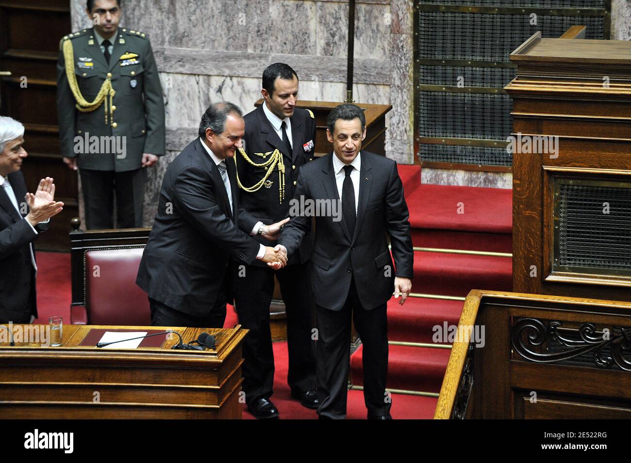 Greek Prime Minister Costas Karamanlis greets French President Nicolas Sarkozy at the parliament in Athens in Athens, Greece on June 6, 2008. Sarkozy arrived in Greece Friday for an official visit, the first by a French head of state in more than 25 years. Sarkozy was addressing the Greek parliament in a ceremony only accorded to three foreign presidents in the past: his predecessor Charles de Gaulle and US presidents Dwight Eisenhower and George Bush Sr. Photo by Mousse/ABACAPRESS.COM Stock Photo