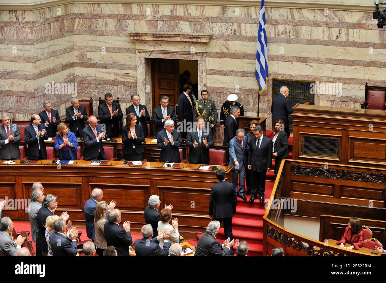 French President Nicolas Sarkozy greets members of the Greek parliament in Athens, Greece on June 6, 2008. Sarkozy arrived in Greece Friday for an official visit, the first by a French head of state in more than 25 years. Sarkozy was addressing the Greek parliament in a ceremony only accorded to three foreign presidents in the past: his predecessor Charles de Gaulle and US presidents Dwight Eisenhower and George Bush Sr. Photo by Mousse/ABACAPRESS.COM Stock Photo