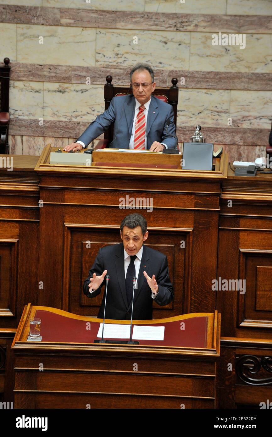 Greek President Karolos Papoulias watch French President Nicolas Sarkozy addressing the parliament in Athens, Greece on June 6, 2008. Sarkozy arrived in Greece Friday for an official visit, the first by a French head of state in more than 25 years. Sarkozy was addressing the Greek parliament in a ceremony only accorded to three foreign presidents in the past: his predecessor Charles de Gaulle and US presidents Dwight Eisenhower and George Bush Sr. Photo by Mousse/ABACAPRESS.COM Stock Photo