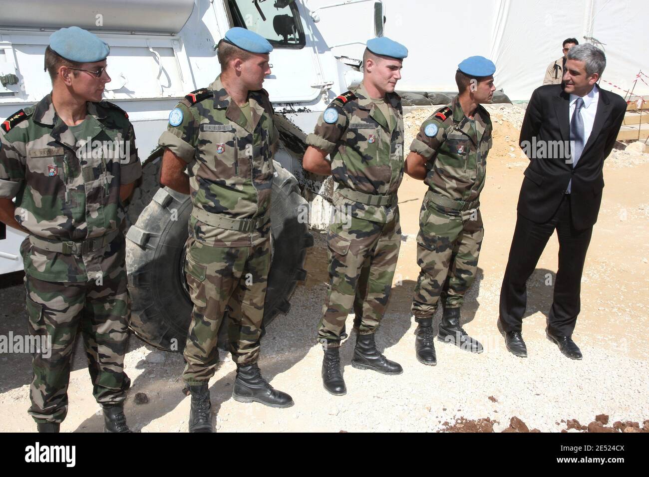 French Minister of Defense Herve Morin visits the FINUL in South Lebanon on June 7, 2008. Photo by Alain Benainous/Pool/ABACAPRESS.COM Stock Photo