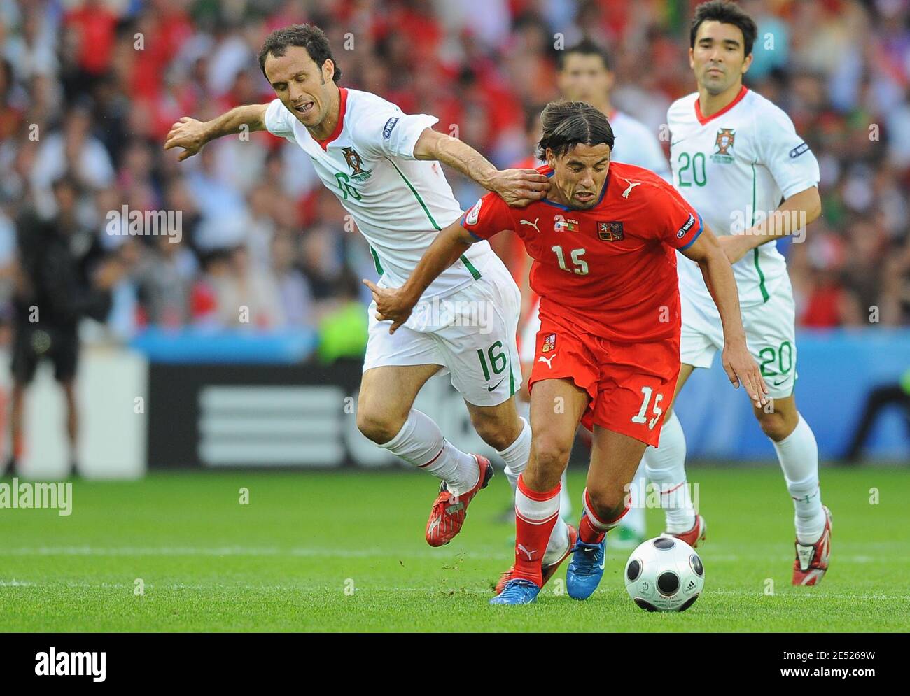 Czech Republic's Milan Baros and Portugal's Ricardo Carvalho battle for the ball during the Euro 2008 UEFA Championships soccer match, Group A, Portugal vs Czech Republic at Stade de Geneve in Geneva, Switzerland on June 11, 2008. Portugal won 3-1. Photo by Steeve McMay/Cameleon/ABACAPRESS.COM Stock Photo