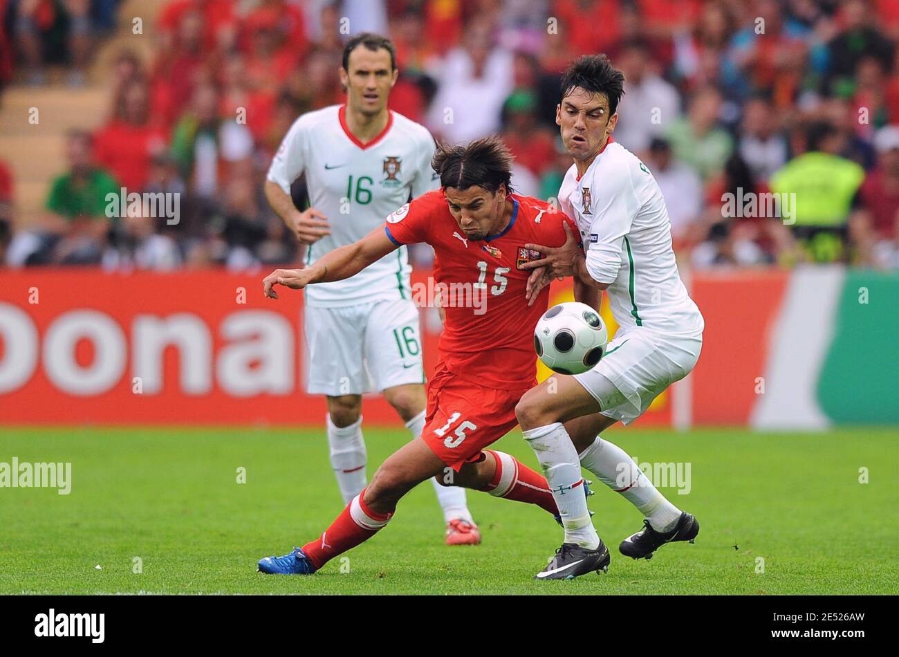 Czech Republic's Milan Baros (L) and Portugal's Paulo Ferreira battle for  the ball during the Euro 2008 UEFA Championships soccer match, Group A,  Portugal vs Czech Republic at Stade de Geneve in