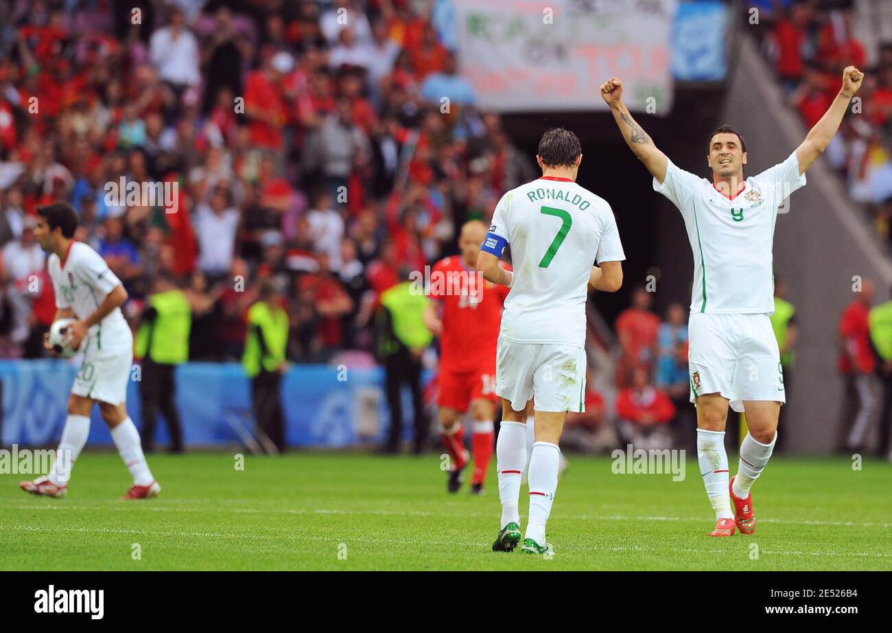 Portugal's captain Cristiano Ronaldo and Hugo Almeida celebrate their victory during the Euro 2008 UEFA Championships soccer match, Group A, Portugal vs Czech Republic at Stade de Geneve in Geneva, Switzerland on June 11, 2008. Portugal won 3-1. Photo by Steeve McMay/Cameleon/ABACAPRESS.COM Stock Photo