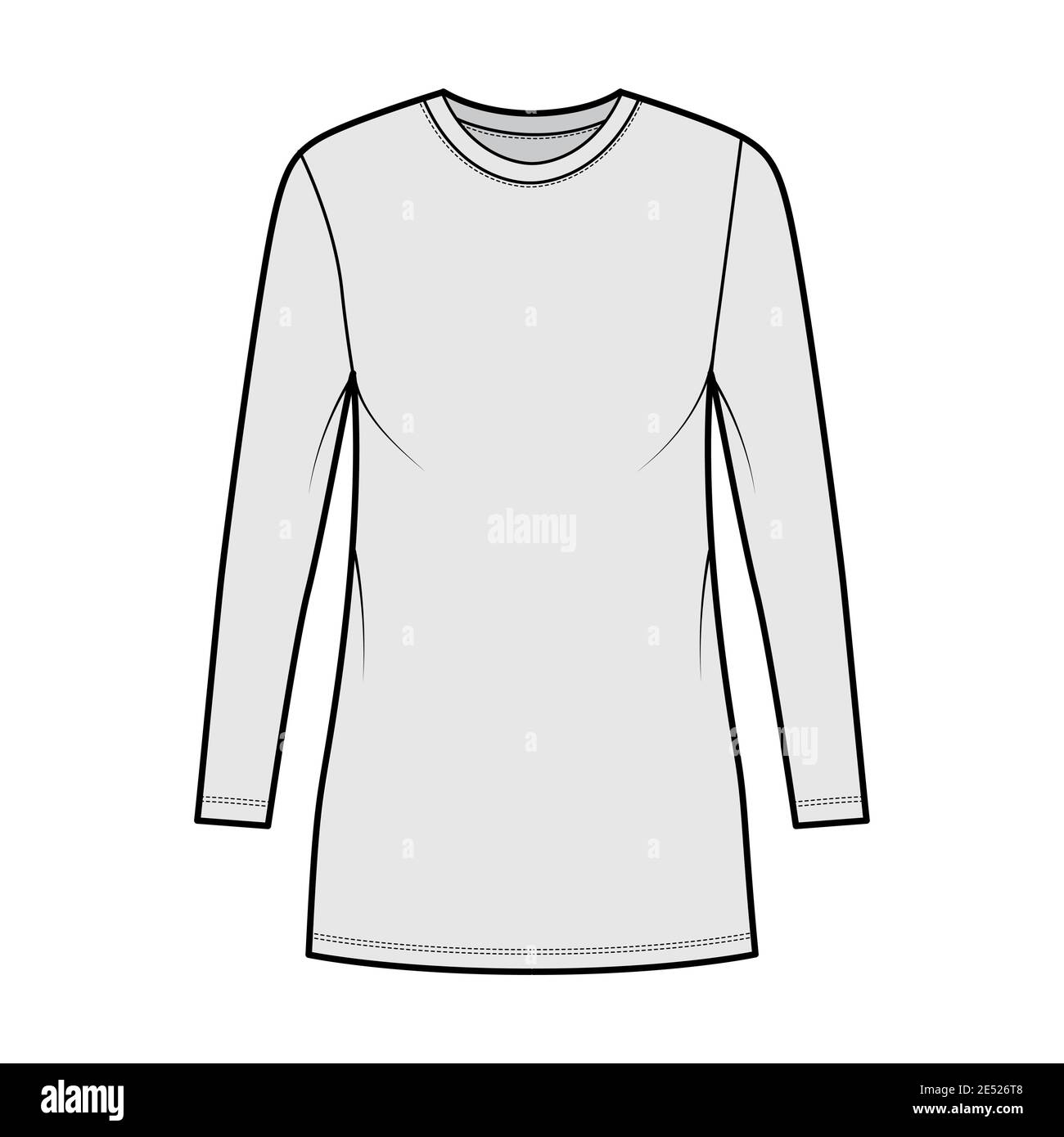 T-shirt dress technical fashion illustration with crew neck, long sleeves, mini length, oversized, Pencil fullness. Flat apparel template front, grey color. Women, men, unisex CAD mockup Stock Vector