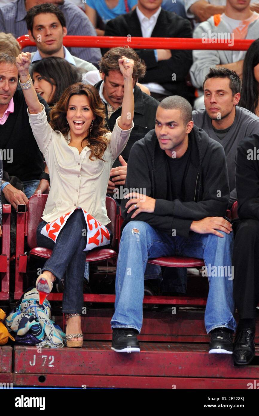 Eva Longoria and her husband Tony Parker watching the French final ProA  basketball match between Nancy, where Tony Parker's brother TJ Parker  playing, vs Roanne, held at Bercy, in Paris, France, on