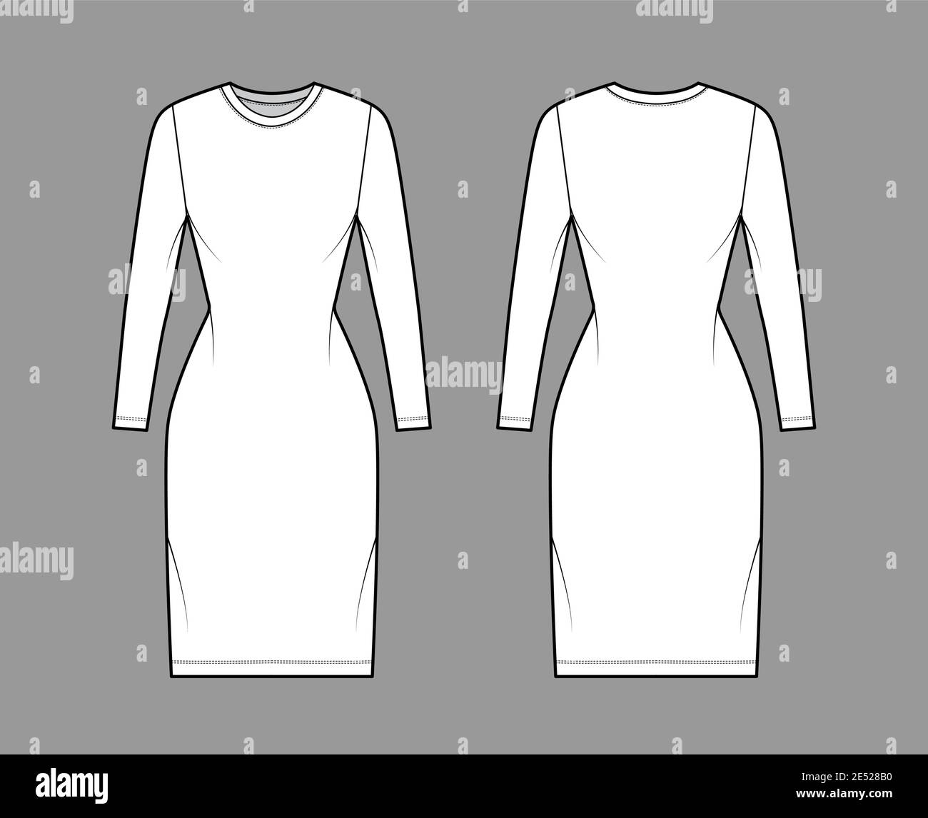 T-shirt dress technical fashion illustration with crew neck, long sleeves,  knee length, slim fit, Pencil fullness. Flat apparel template front, back,  white color. Women, men, unisex CAD mockup Stock Vector Image &