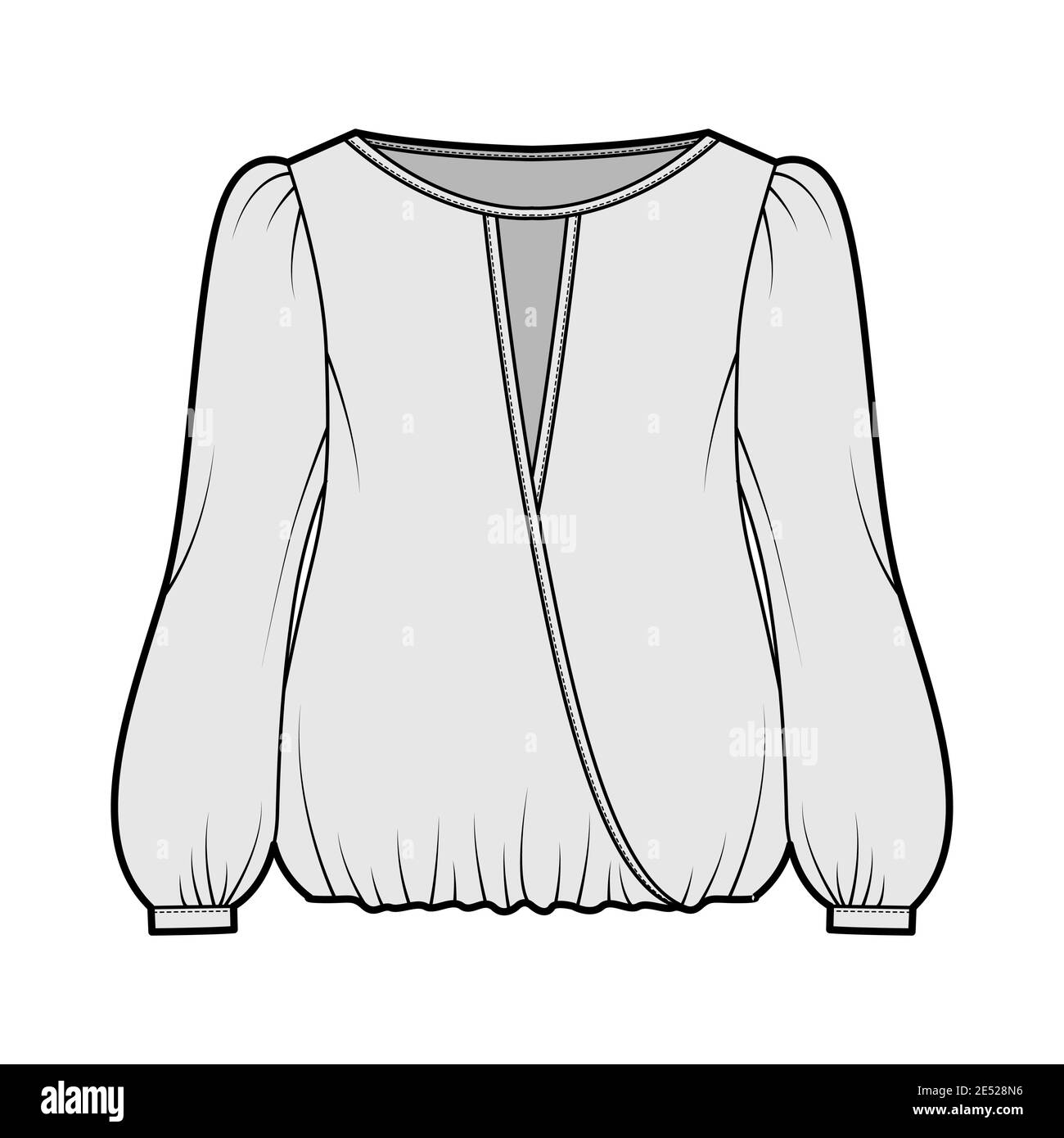 Surplice blouse technical fashion illustration with bouffant long sleeves, gathered hem, wide wrap scoop neck, oversized. Flat shirt apparel top template front, grey color. Women men unisex CAD mockup Stock Vector