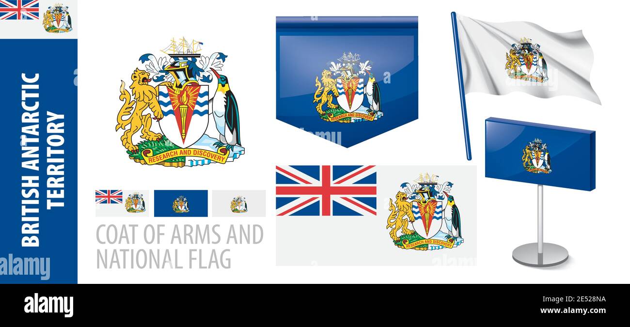 Vector set of the coat of arms and national flag of British Antarctic