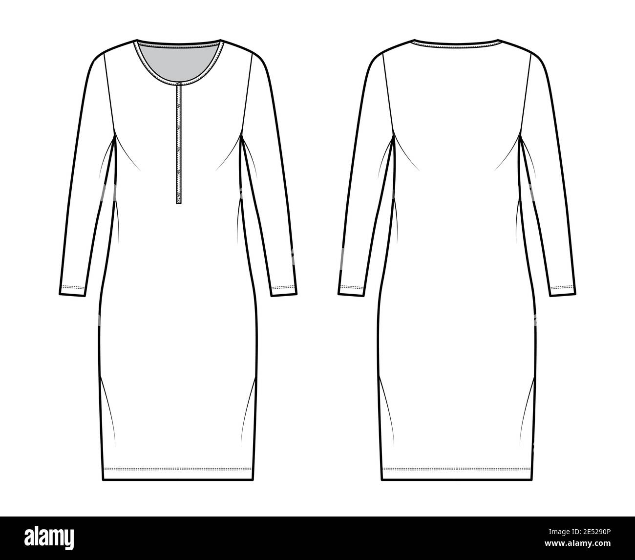 Shirt dress technical fashion illustration with henley neck, long sleeves, knee length, oversized, Pencil fullness. Flat apparel template front, back, white color. Women, men, unisex CAD mockup Stock Vector
