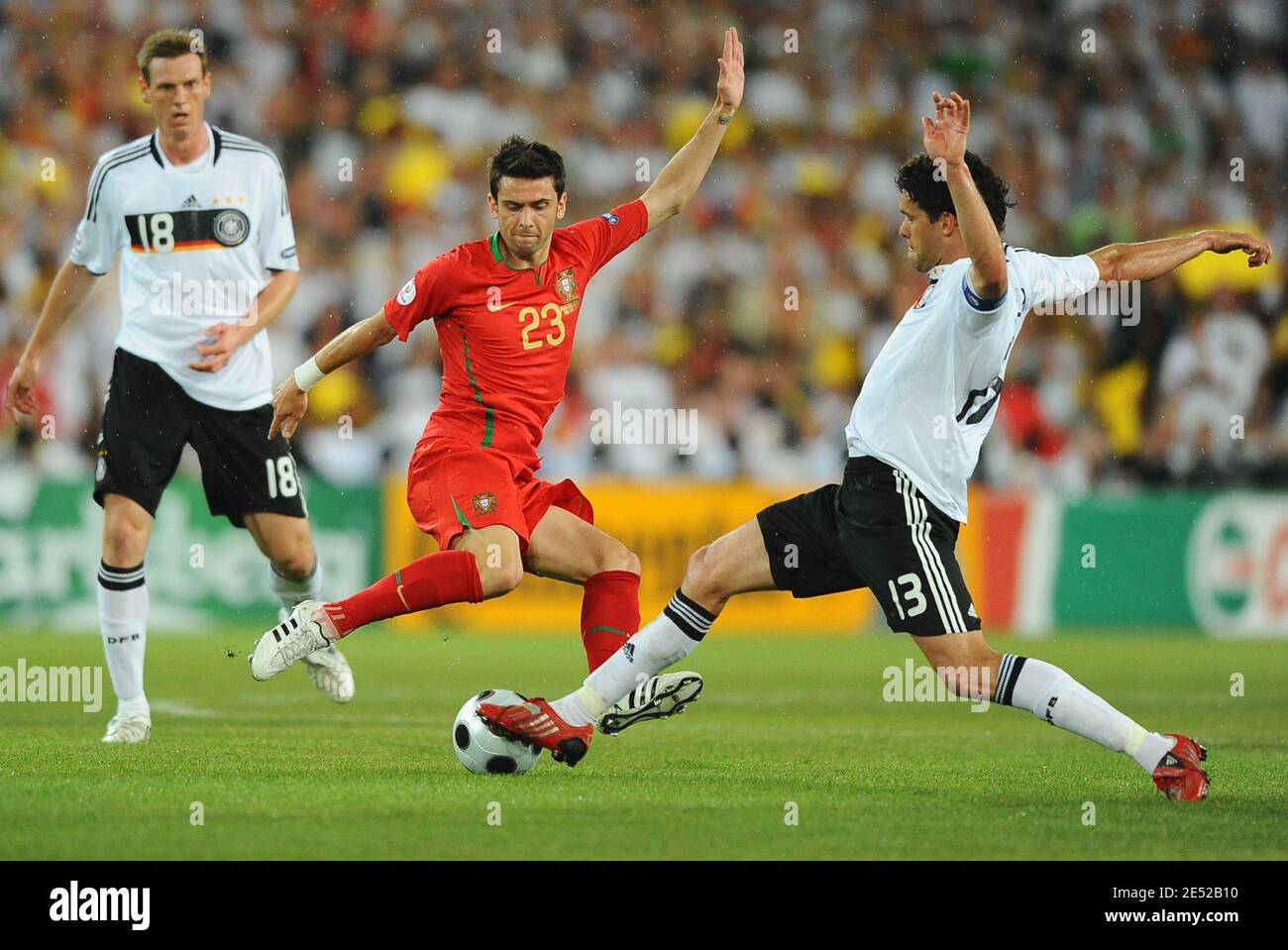 Germany's captain Michael Ballack and Portugal's Helder Postiga battle for the ball during the Euro 2008, UEFA European Championship quarter final match, Portugal vs Germany at the St. Jakob-Park stadium in Basel, Switzerland on June 19, 2008. Germany won 3-2. Photo by Steeve McMay/Cameleon/ABACAPRESS.COM Stock Photo