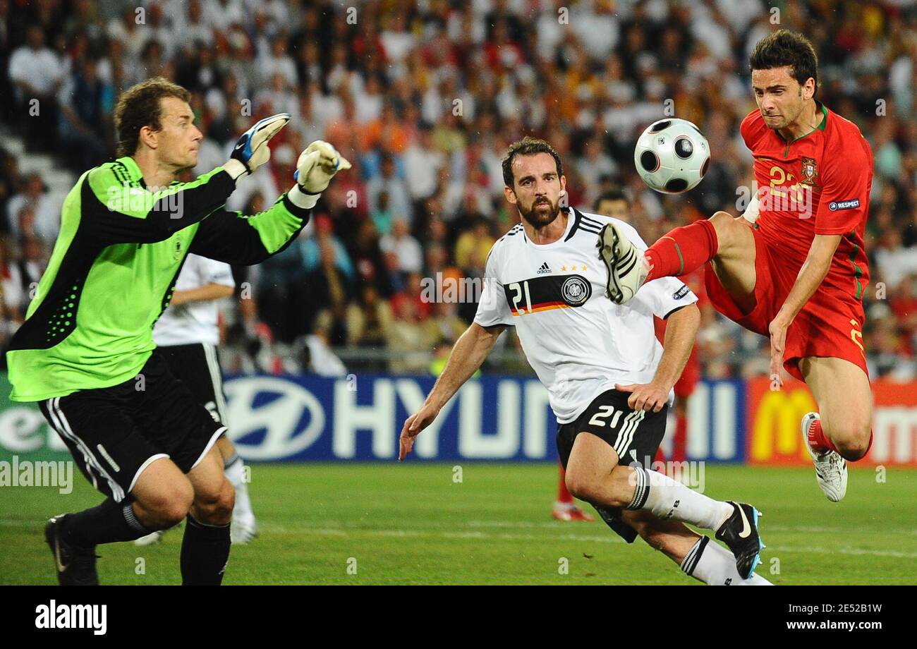 Portugal's Helder Postiga takes a controle the ball before Germany's goalkeeper saves the ball during the Euro 2008, UEFA European Championship quarter final match, Portugal vs Germany at the St. Jakob-Park stadium in Basel, Switzerland on June 19, 2008. Germany won 3-2. Photo by Steeve McMay/Cameleon/ABACAPRESS.COM Stock Photo