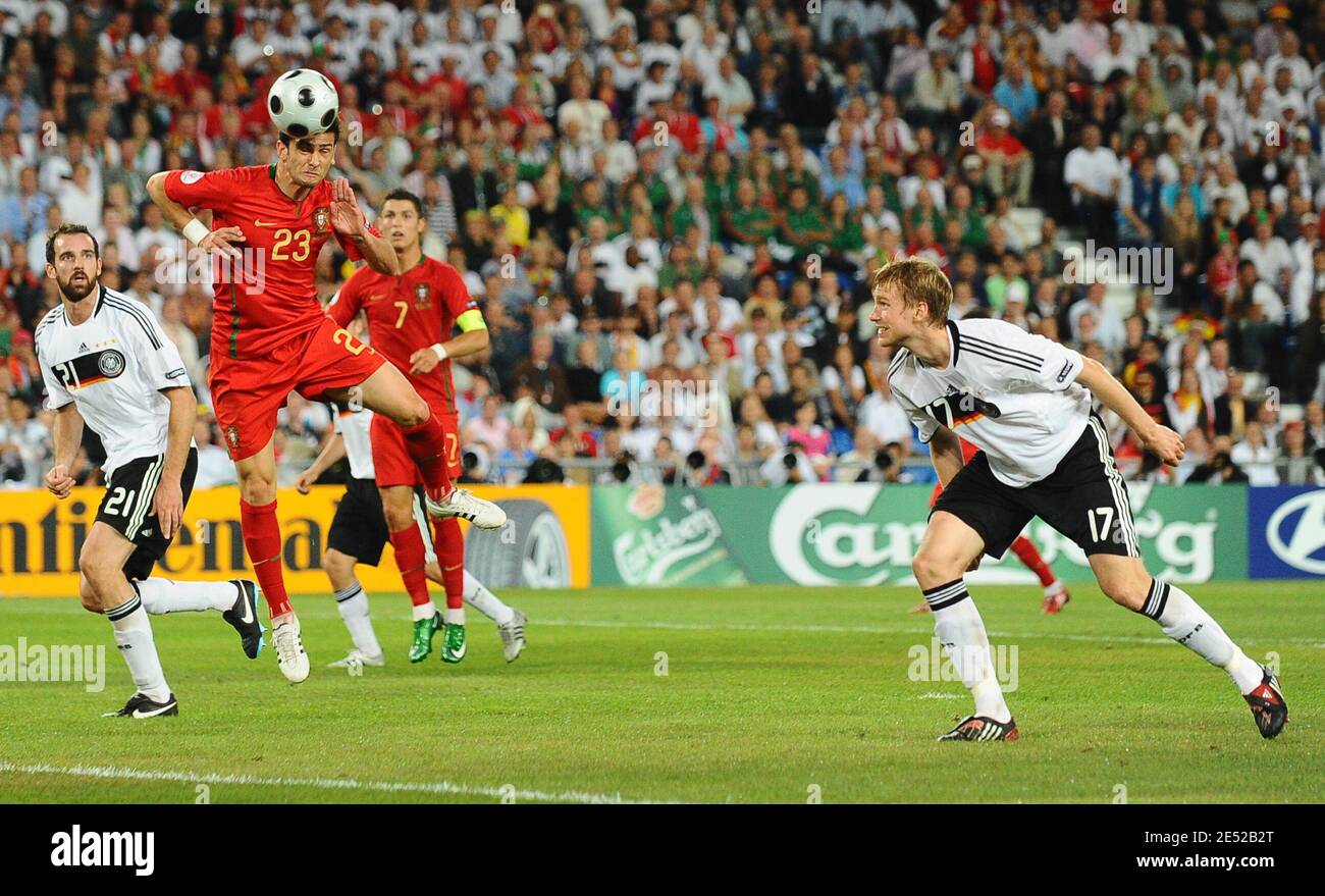 Portugal's Helder Postiga heads the ball during the Euro 2008, UEFA European Championship quarter final match, Portugal vs Germany at the St. Jakob-Park stadium in Basel, Switzerland on June 19, 2008. Germany won 3-2. Photo by Steeve McMay/Cameleon/ABACAPRESS.COM Stock Photo