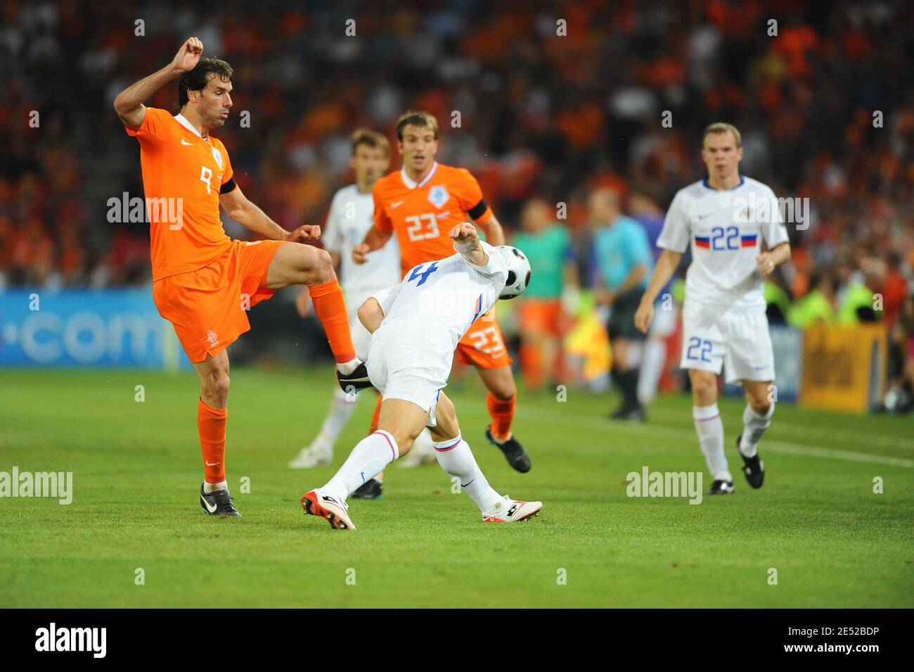 Russia's Sergei Ignashevich heads the ball during the Euro 2008 UEFA European Championship 2008, quarter final soccer match, Netherlands vs Russia at the St. Jakob-Park stadium in Basel, Switzerland on June 21, 2008. Russia won 1-3. Photo by Steeve McMay/Cameleon/ABACAPRESS.COM Stock Photo